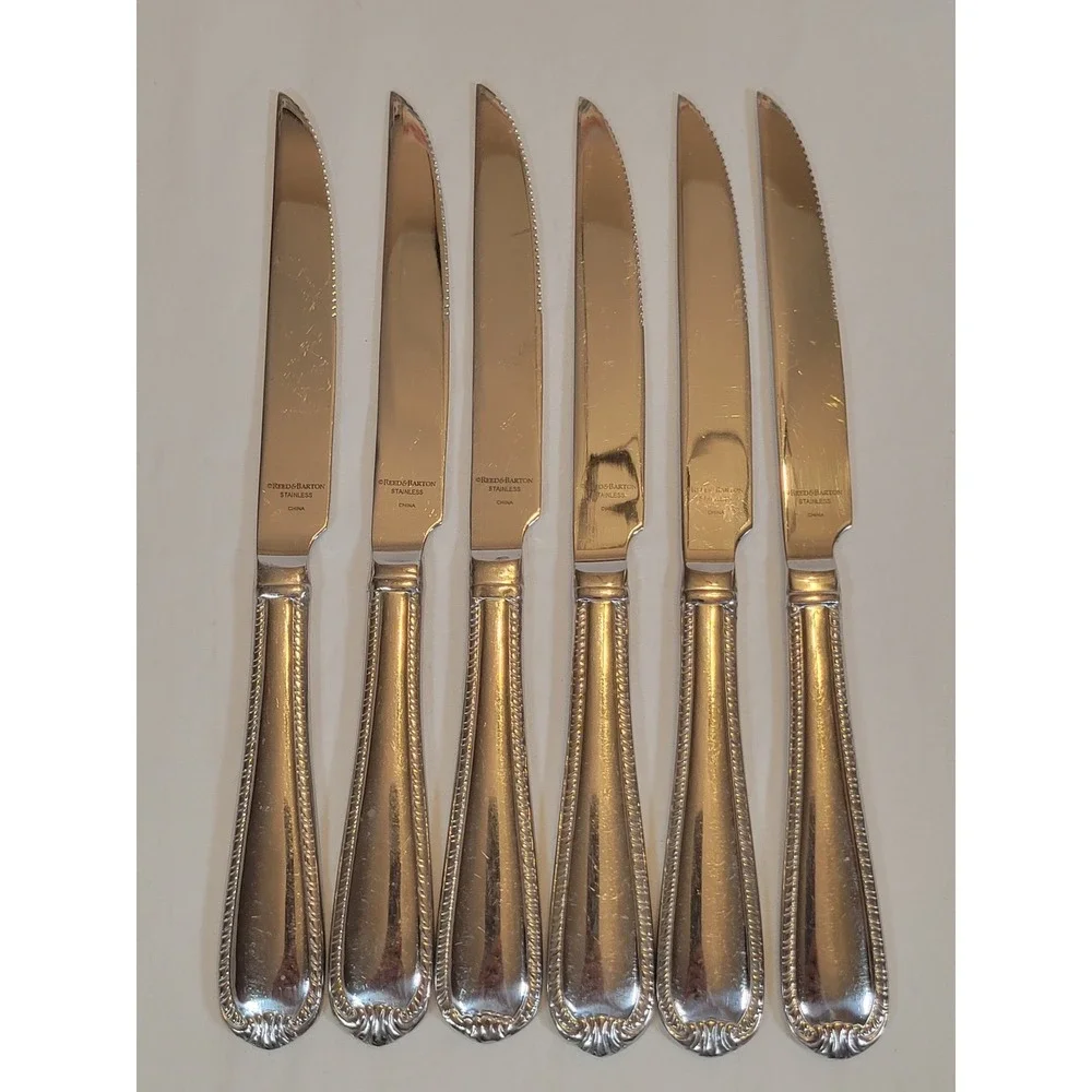 Reed & Barton Domain Steak Knives Set of 6 18/10 Stainless Rope Edge Shell 9.75